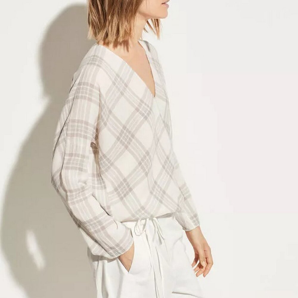 NWT Vince Plaid Crossover Blouse, Medium & Large, Chic Style, Work to Weekend